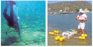 Αποψη των καταλοίπων του βυθισμένου τείχους του αρχαίου Ολούντος και ηλεκτρική τομογραφία σε ποντισμένα κτιριακά κατάλοιπα στον Πόρο Ελούντας