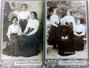 Μαθήτριες της Γαλλικής Σχολής 1911 και 1912 Η κοπέλα στη μέση της φωτογραφίας αριστερά είναι η Ευαγγελία Τίτου Λίτινα. Η ίδια και στην αλλη δεξιά. Φωτογραφίες του Διαμαντόπουλου Χανιά.(αρχείο: Εβελίνα Λίτινα)